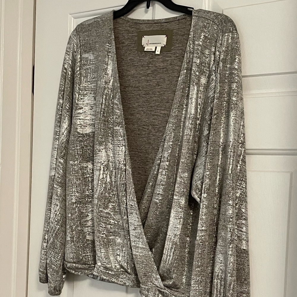 Anthropologie Silver Metallic Top/Blouse Sz M